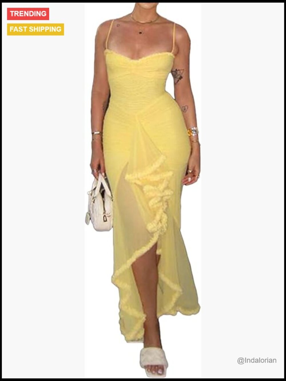 Mesh Ruffle Maxi Dress Bodycon Ruched Corset Spaghetti Strap High Low